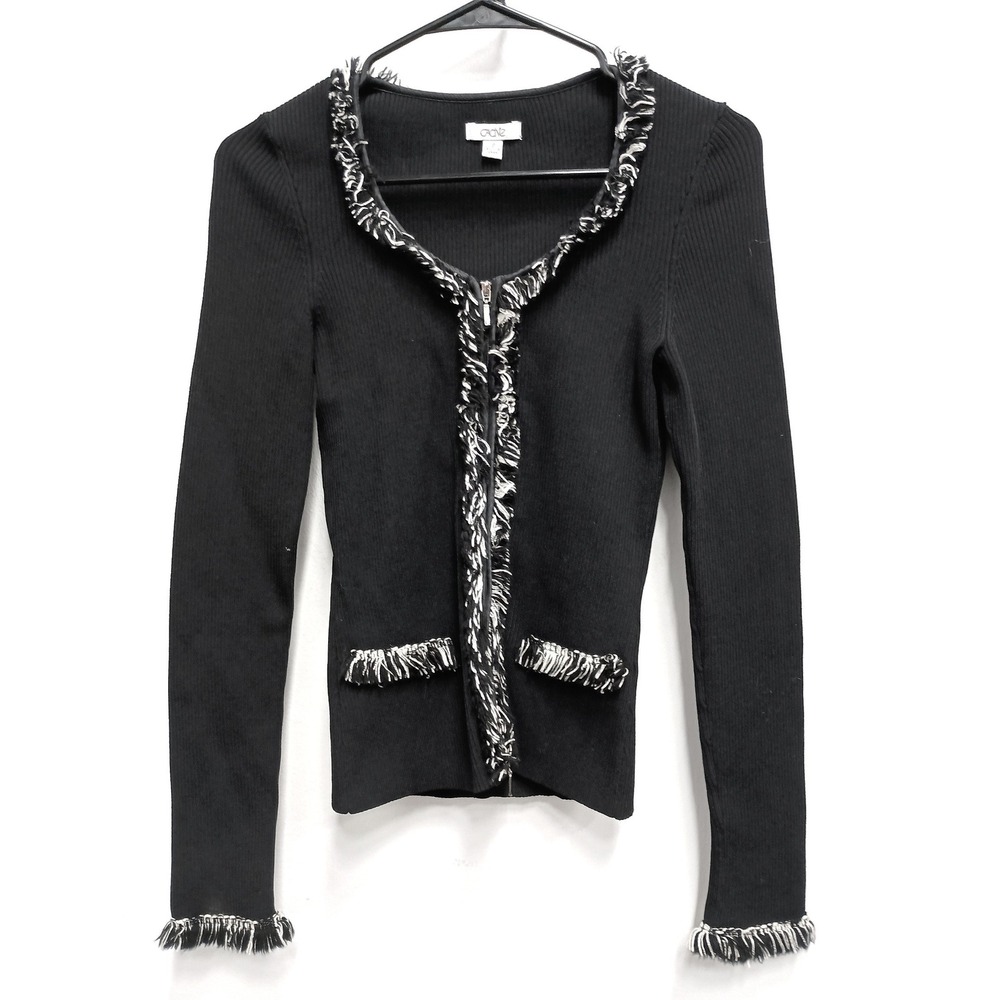 Cache Vintage Y2K Cardigan Womens Small Black Fringe Trim Ribbed‎